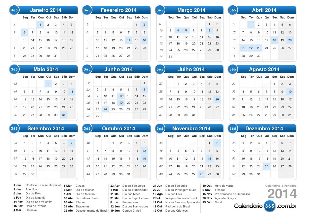 Calendário oficial de feriados em 2014 é publicado no Diário Oficial