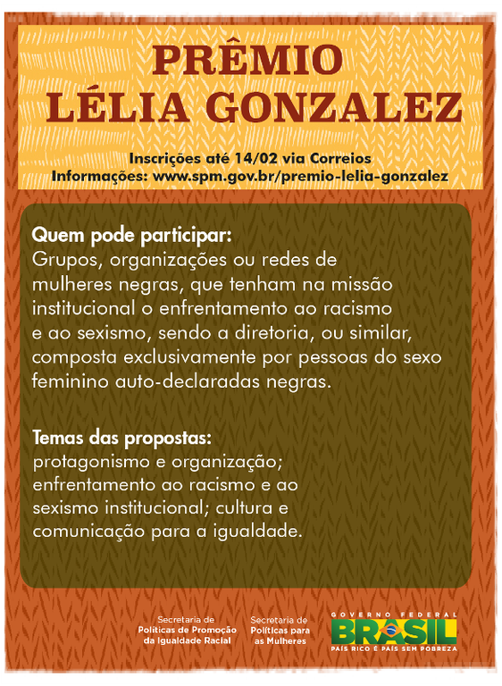 Inscrições ao Prêmio Lélia Gonzalez se encerram nesta sexta